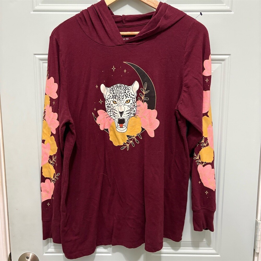 Torrid Hoodie Tee Womens Plus Size 14 Maroon Leopard Floral Graphic Long
